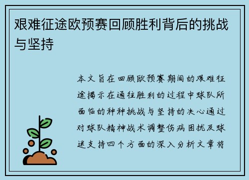 艰难征途欧预赛回顾胜利背后的挑战与坚持