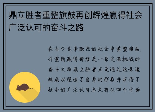 鼎立胜者重整旗鼓再创辉煌赢得社会广泛认可的奋斗之路