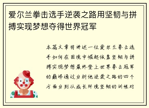 爱尔兰拳击选手逆袭之路用坚韧与拼搏实现梦想夺得世界冠军