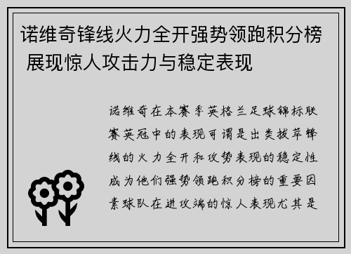 诺维奇锋线火力全开强势领跑积分榜 展现惊人攻击力与稳定表现
