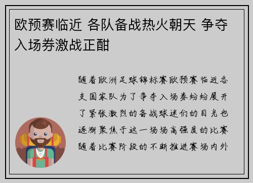 欧预赛临近 各队备战热火朝天 争夺入场券激战正酣