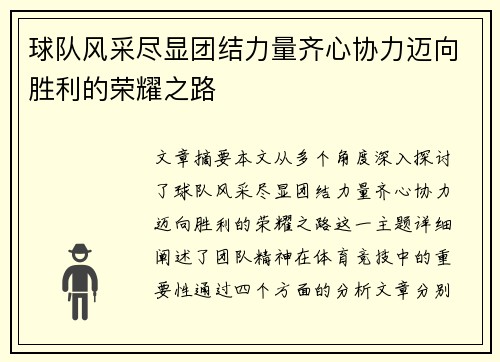球队风采尽显团结力量齐心协力迈向胜利的荣耀之路