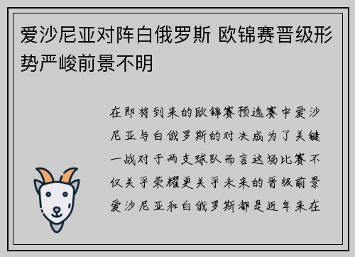爱沙尼亚对阵白俄罗斯 欧锦赛晋级形势严峻前景不明