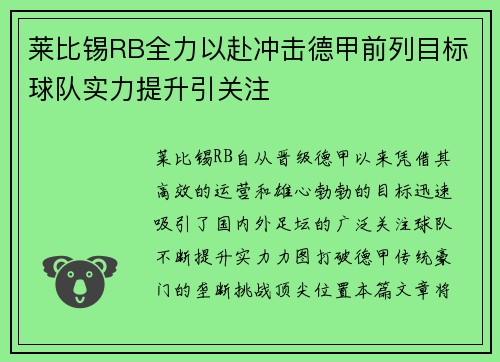 莱比锡RB全力以赴冲击德甲前列目标球队实力提升引关注