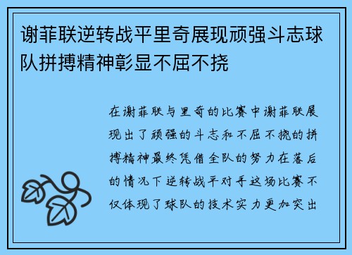 谢菲联逆转战平里奇展现顽强斗志球队拼搏精神彰显不屈不挠