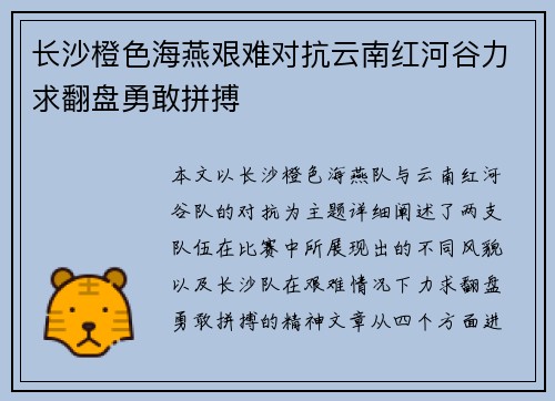 长沙橙色海燕艰难对抗云南红河谷力求翻盘勇敢拼搏