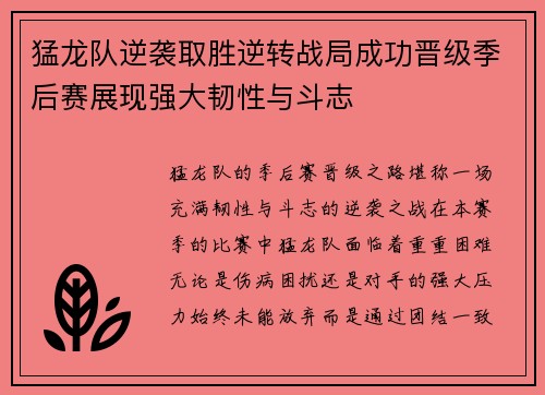 猛龙队逆袭取胜逆转战局成功晋级季后赛展现强大韧性与斗志